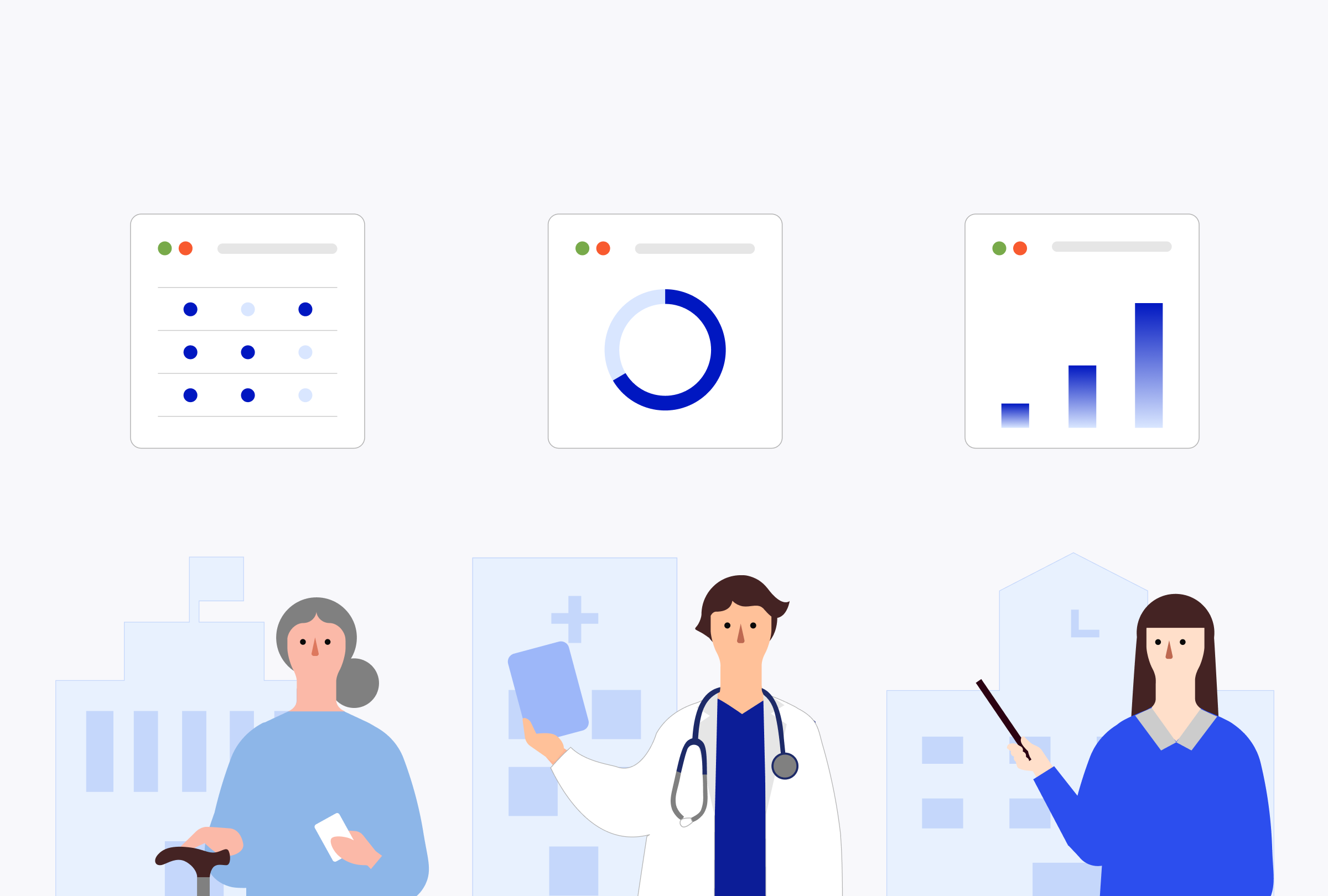 An illustration showing a woman with a cane, a male doctor, and a female teacher each pointing to a graph.