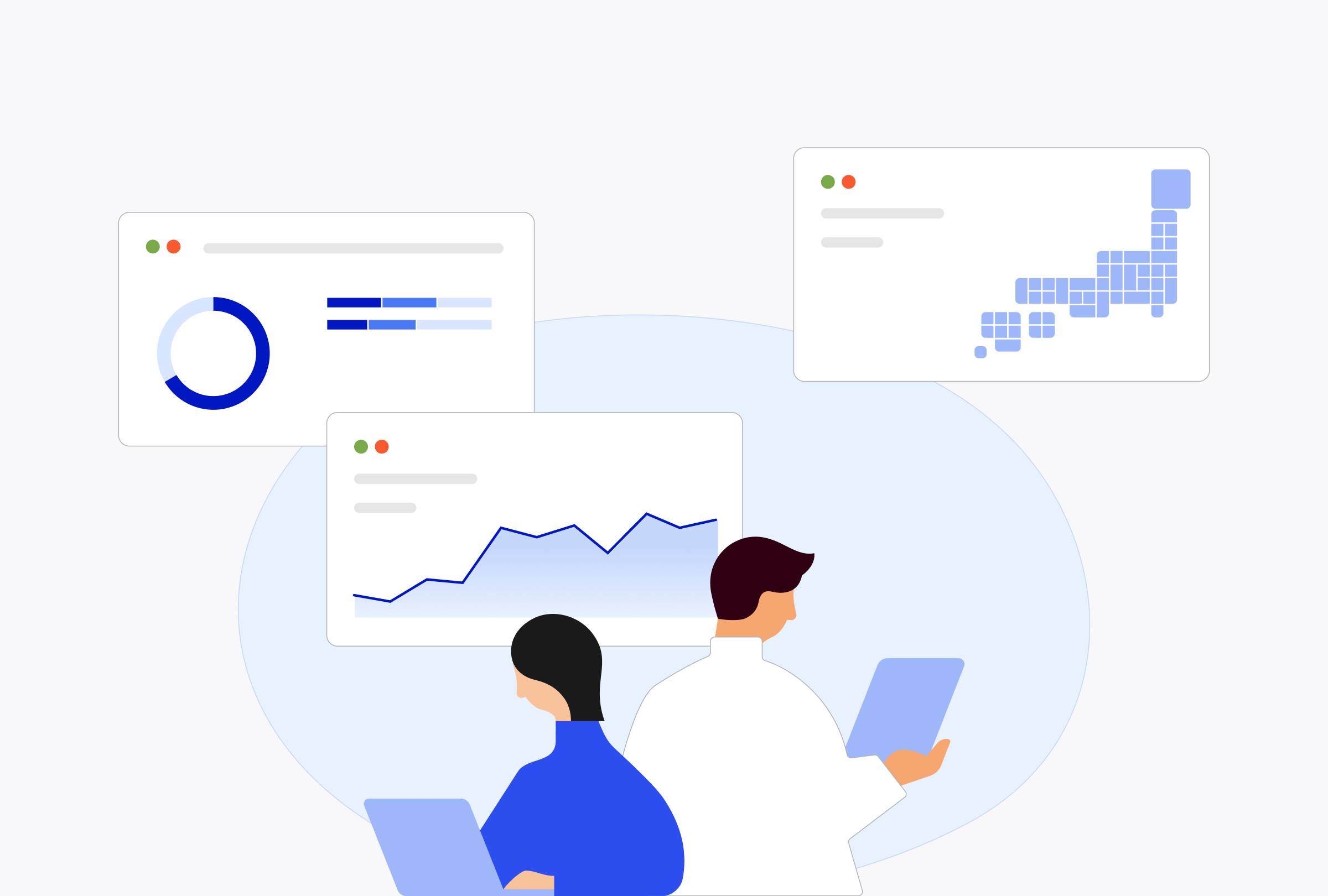 An illustration showing a woman in blue clothing looking at a computer, and a man in white clothing holding a tablet.