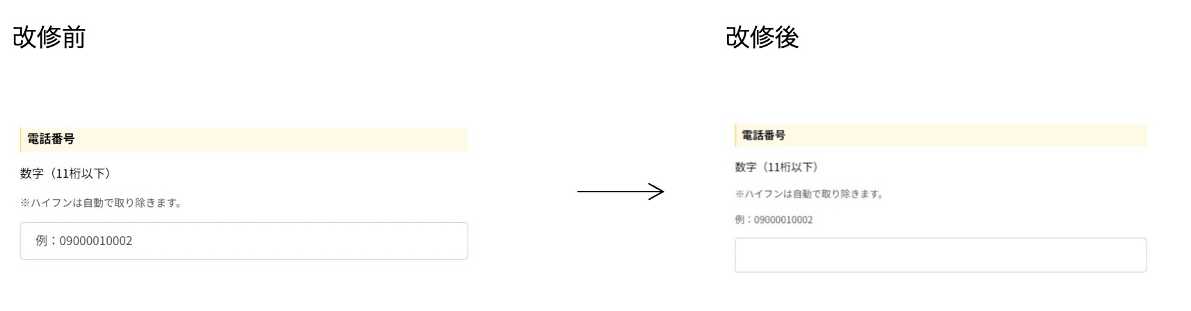 改修前と改善後のスクリーンキャプチャ。改善前は、記入例がプレースホルダーとして表示されていると、入力中に確認できないほか、エラーが出てしまった場合に入力値と正しい例とを比較することができない。改善後は、プレースホルダーではなくテキストとして表示することで、入力状況に左右されることなく、常に記入例を確認することができる。また、入力欄よりも前に記載することで、スクリーンリーダーでも入力前に適切な記入例を知ることができるようにした。