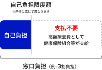 自己負担限度額を説明する図。自己負担限度額※所得に応じて異なります。自己負担、支払不要、高額療養費として健康保険組合等が支給。窓口負担（例：3割負担）