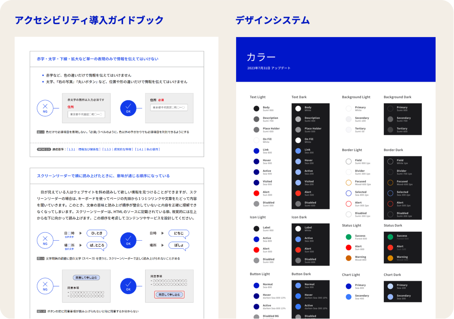 アクセシビリティ導入ガイドブックとデザインシステムのスクリーンショット。