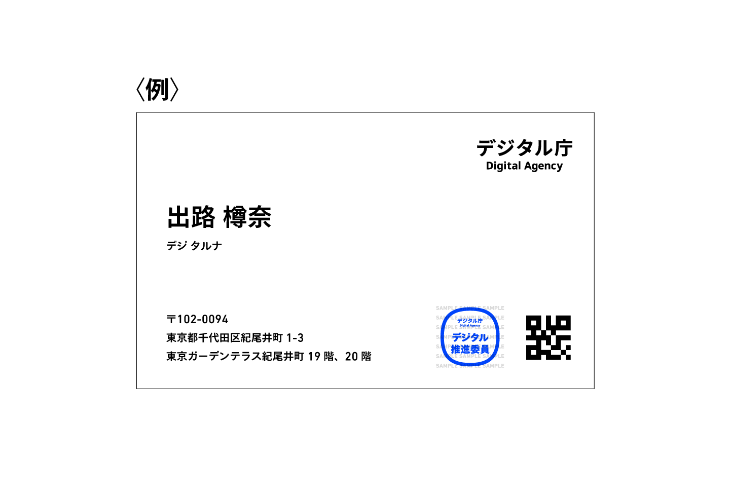 横長の名刺の右上にデジタル庁が、中央左よりに氏名と所属が、右下にデジタル推進委員のバッジ画像と二次元バーコードが横並びに印刷された名刺の例。