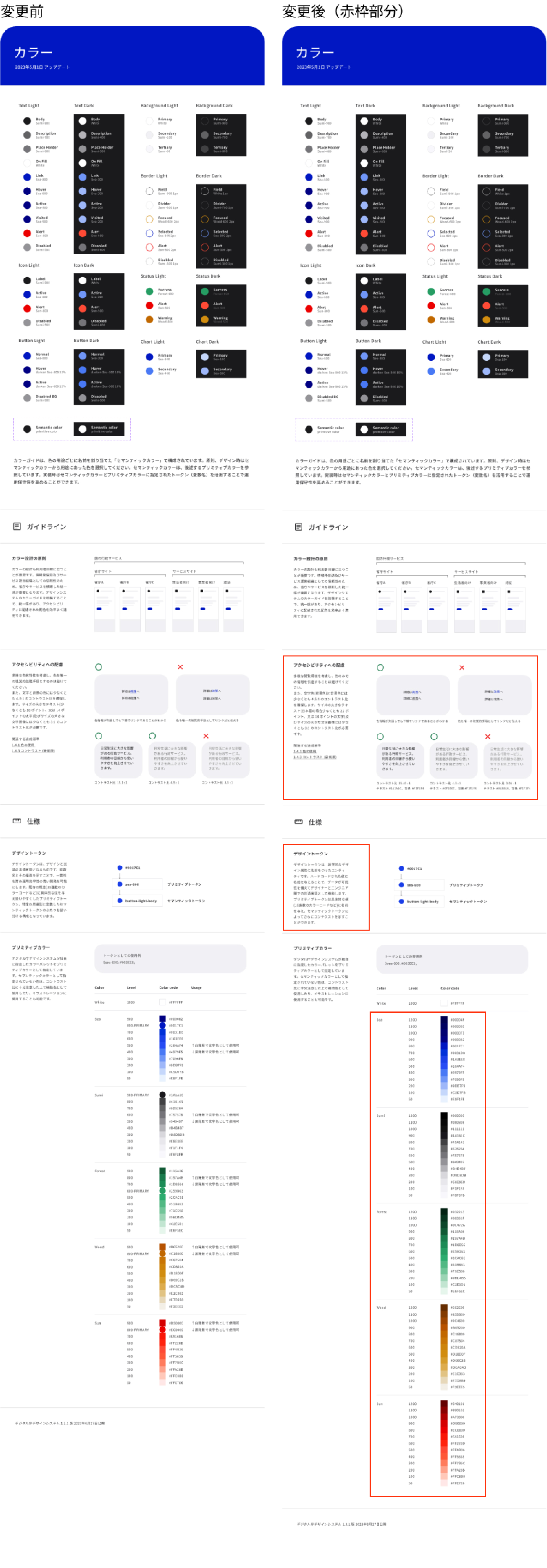 変更前のカラーと、変更後のカラーの比較を紹介している。