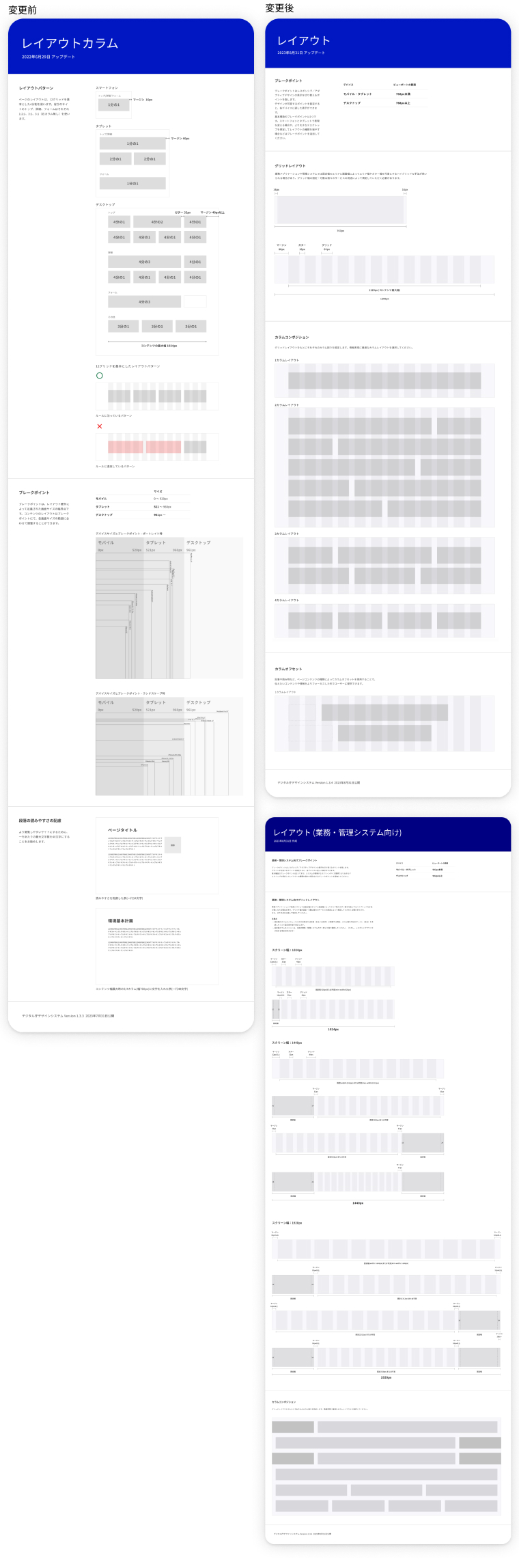 変更前のレイアウトカラムと、変更後のレイアウトとの差分を紹介している。