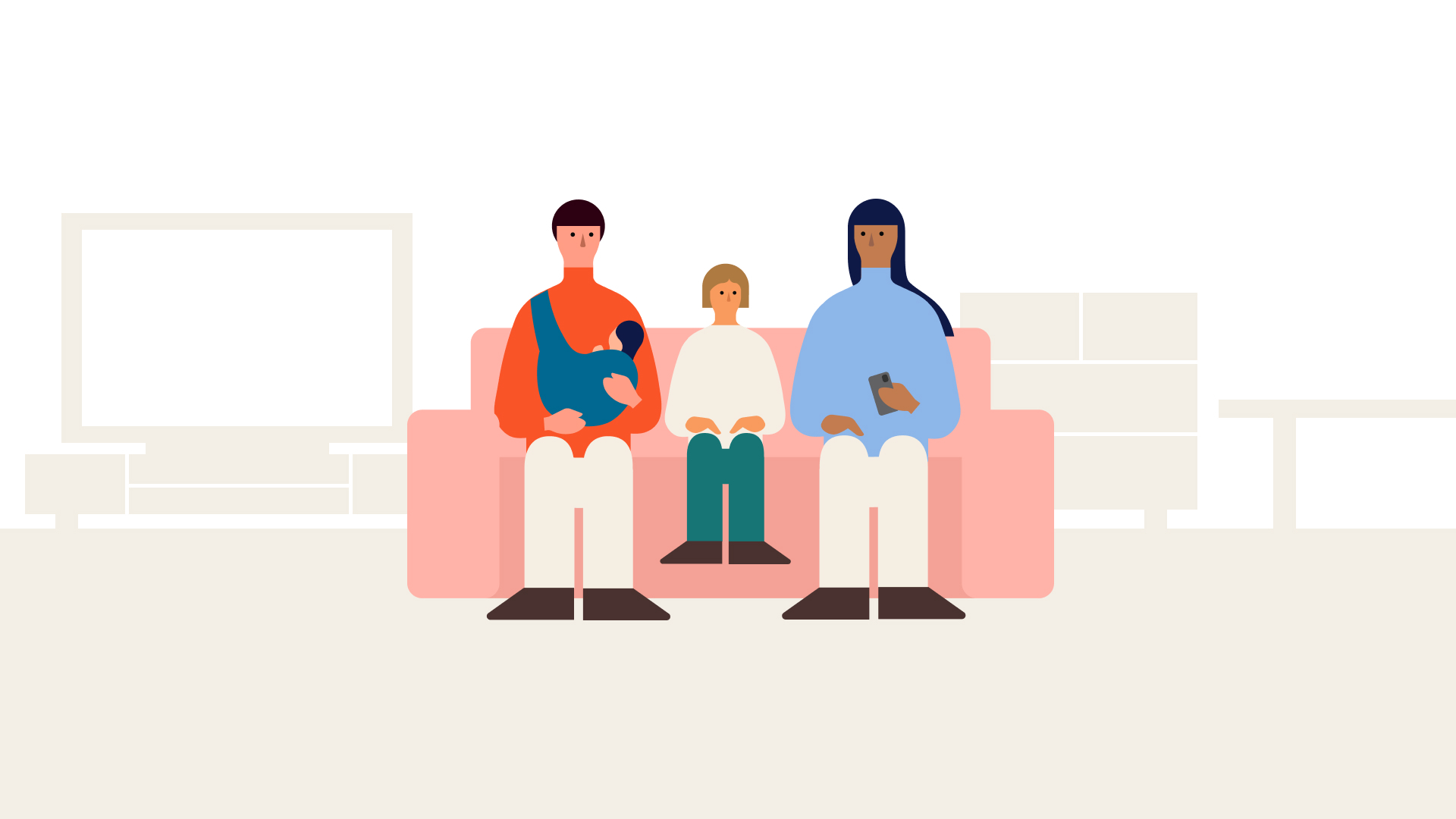 4人家族のイラスト。左から父親、こども、母親の順で長椅子に座っている。父親は赤ちゃんを抱いて、母親は片手にスマートフォンを持っている。