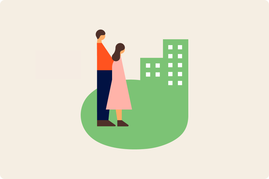 2人の人物が並んで立っているイラスト。二人は遠くに建っているビルを見ている。