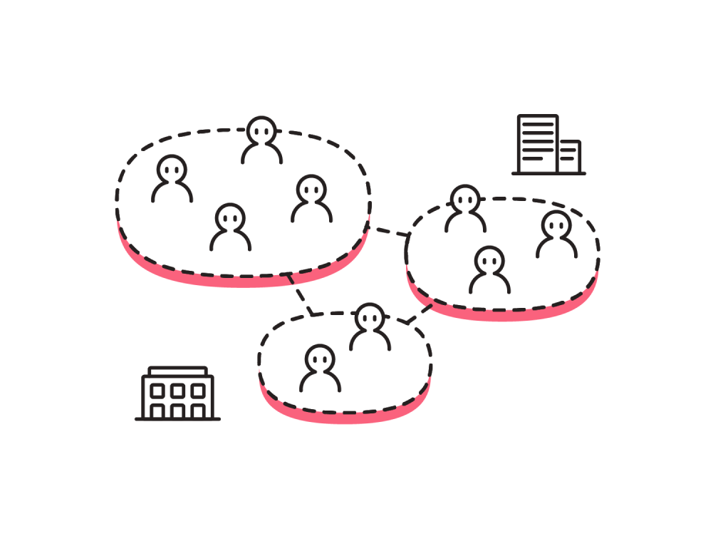 官民を超えた人材交流の概念図。画面には大きさの異なる破線の楕円が3つ、三角形の頂点に配置されている。円の中には人が数名ずつ描かれていて楕円同士は破線で結ばれている。それとは別に、画面の右上には民間企業を模した建物が、左下には官舎を模した建物がそれぞれ小さく描かれている