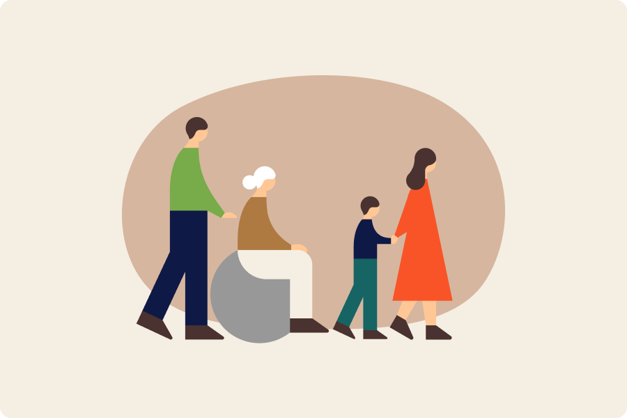 高齢の人が乗っている車椅子を押している人と、子供の手を引いた人が描かれたイラスト。4人とも右に進もうとしている。