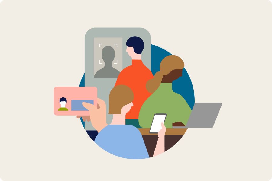 マイナンバーカードを持つ人、スマートフォンを操作する人、PCで作業する人、画像認証をする人のイラストが描かれている。