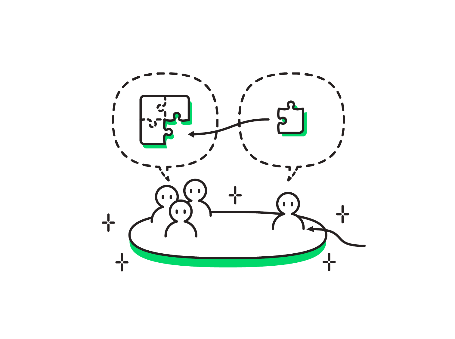 人材と課題をつなげる概念図。画面の左側に3人、右側に1人の人が描かれていて、3人からひとつ、1人からひとつの吹き出しが引き出されている。吹き出しの中にはそれぞれパズルのピースが描かれていて、3人から引き出された吹き出しの中に描かれた3つのピースに向かって、1人から引き出された吹き出しの中に描かれた1つのピースから矢印が引かれている。