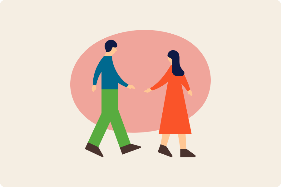 2人の人物が歩きながら手をつなごうとしているイラスト。