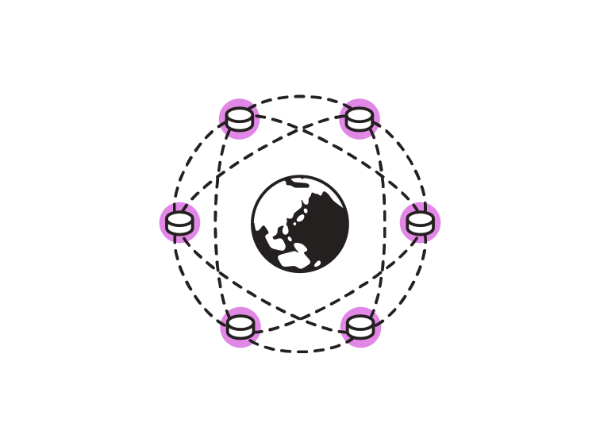 自由なデータ流通の概念図。画面に地球とデータを模した円柱が6つ描かれている。地球は画面の中央に、円柱は地球を取り巻くように均等に配置されている。円柱はそれぞれ破線で結ばれてネットワークを構成しているように見える