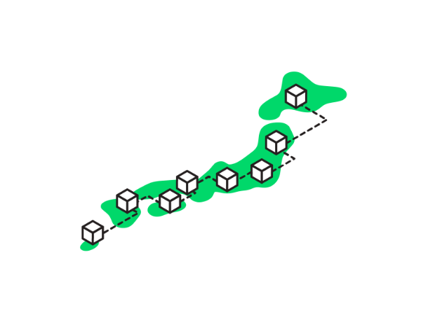 情報インフラ整備の概念図。日本列島が描かれていて、北海道、本州、四国、九州、沖縄に均等に立方体が配置されている、立方体同士は破線で繋がれている