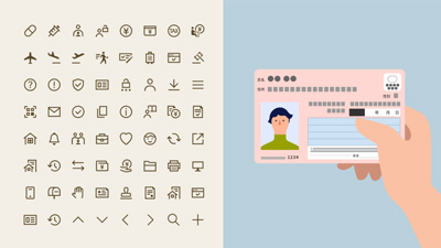 Image with a sample of icon material on the left half and a sample illustration of a hand holding a My Number Card on the right half