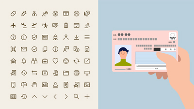 左半分にアイコン素材のサンプル、右半分にマイナンバーカードを持つ手のイラストのサンプルを配置したイメージ