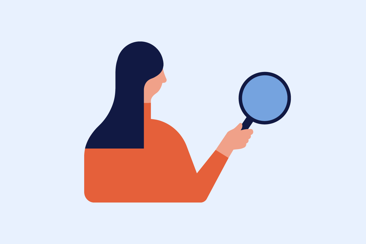 水色の背景に、オレンジ色のシャツを着た長い黒髪の人物が青い虫眼鏡を持つフラットデザインのイラスト。調査・検索を象徴。