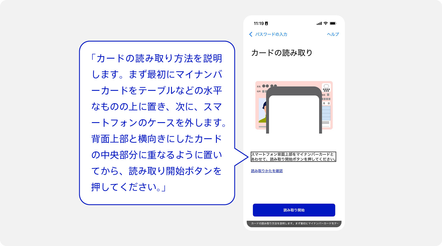 スマートフォンでスクリーンリーダーを使っている図。吹き出しに、スクリーンリーダーの読み上げ内容が記載されている。
