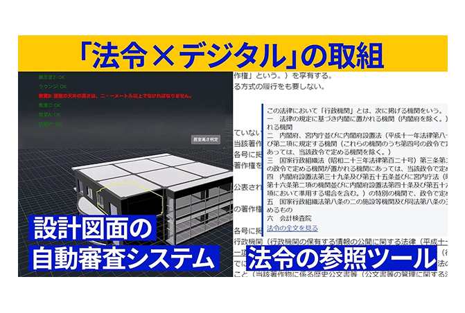 新しいリーガルサービスや政策立案プロセスを創出する「法令」ｘ「デジタル」の取組」のYouTubeのサムネイル画像。「設計図面の自動審査システム」と「法令の参照ツール」がそれぞれ横2枚で分割して写っている