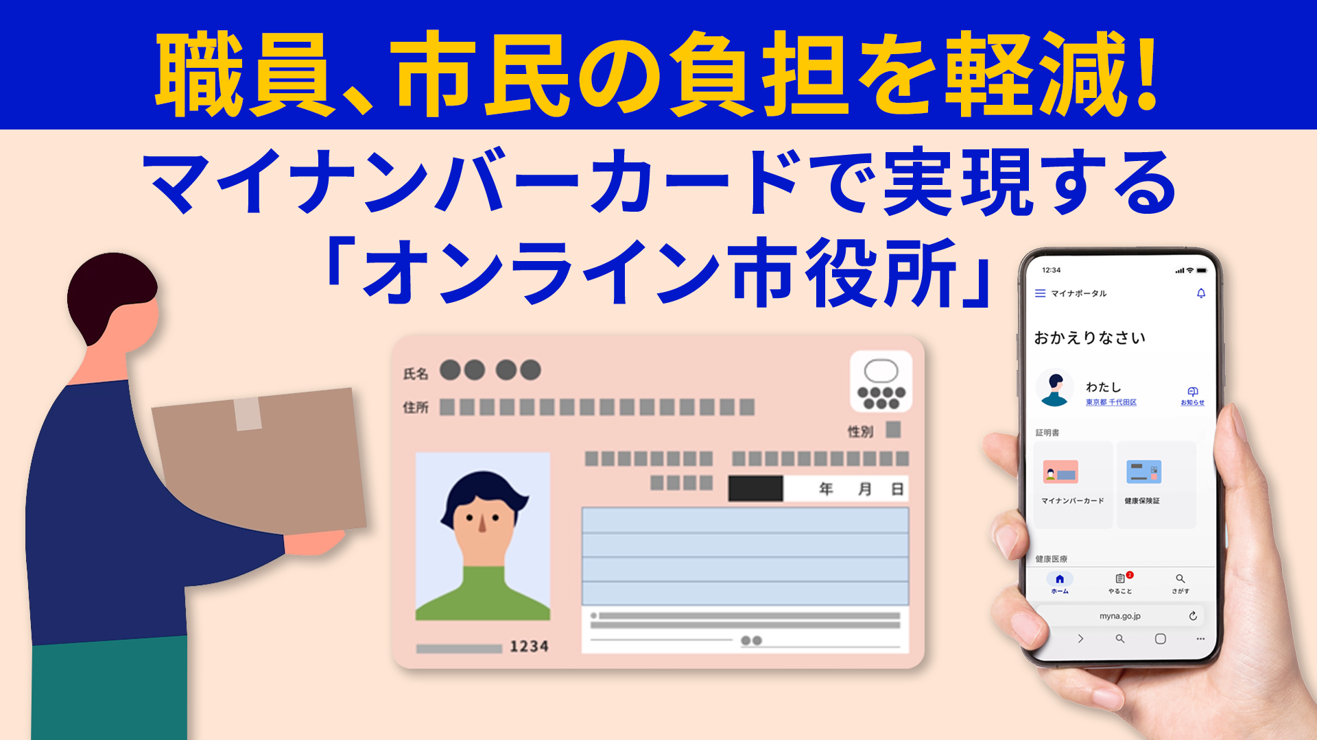 中央上部に職員、市民の負担を軽減！マイナンバーカードで実現する「オンライン市役所」と書かれている。その下には左から、引越しをする人物のイラスト、マイナンバーカードのイラスト、スマートフォンの実写写真が並んでいる