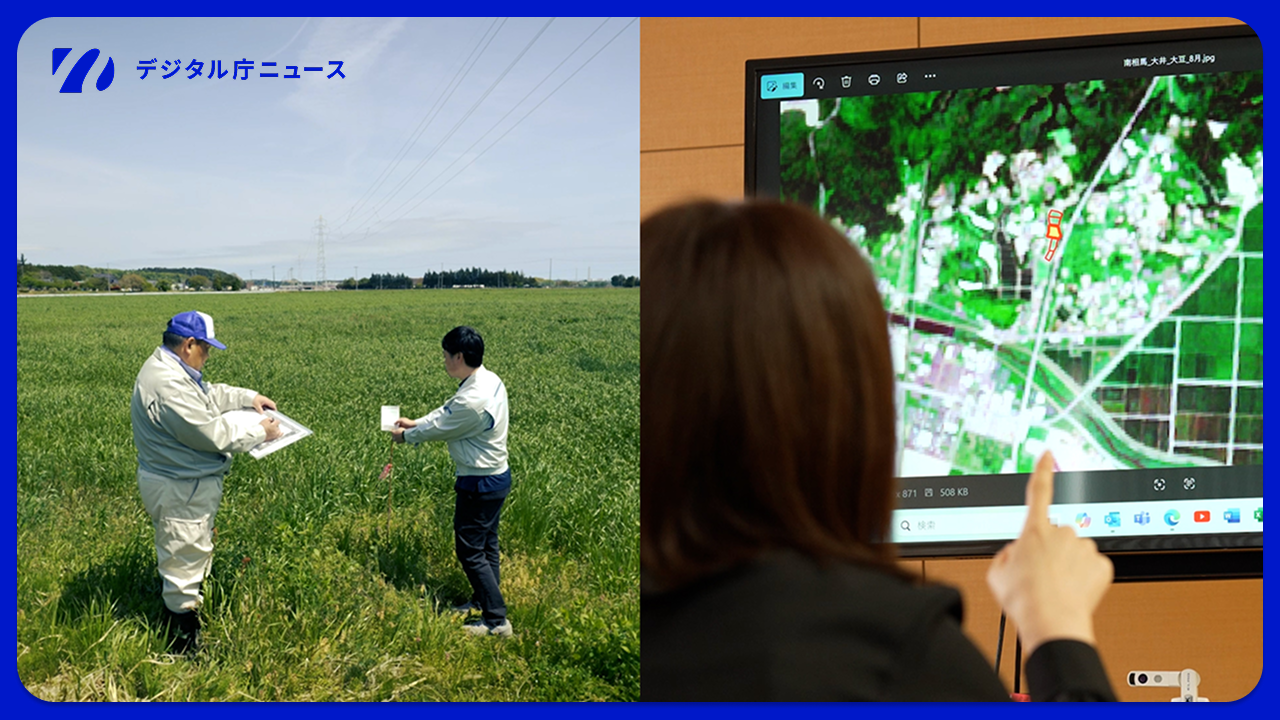 2枚の写真を組み合わせて構成。左側の写真では男性2人が農地に立っており、作付確認を目視で実施している様子が写っている。右側の写真では、女性の肩越しにモニターが置かれており、衛星画像解析システムの画面が投影されている。