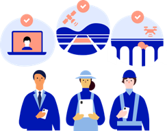 3人の人物のイラスト。左の背広を着た人物の上には人物が表示されたラップトップパソコンのイメージ、中央の日よけ帽子をかぶり前掛けを着用した人物の上には人工衛星が地面の測量を行っているイメージ、右のヘルメットをかぶり蛍光ジャケットを着た人物の上には橋梁をドローンが検査しているイメージが、それぞれ表示されている。