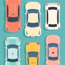 6台の自動車を上から眺めたイラスト。背景は薄い緑色で、それぞれの自動車は赤や黄色のパステルカラーで描かれている。