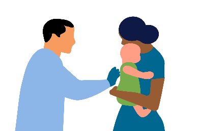 左に男性医師、右に乳幼児を抱える女性のイラスト。左の医師は手袋をつけて乳幼児に優しく触れようとしている。