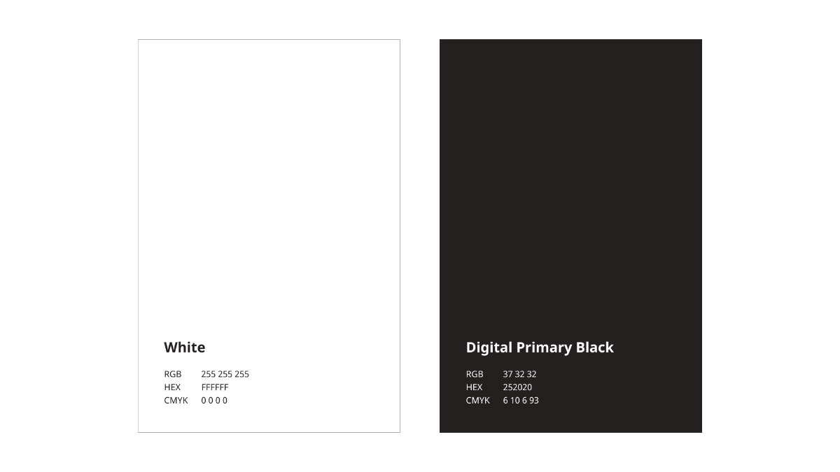 代表カラーの例示。White（R：255、G：255、B：255）とDigital Primary Black（R：38、G：32、B：32）が例示されている。