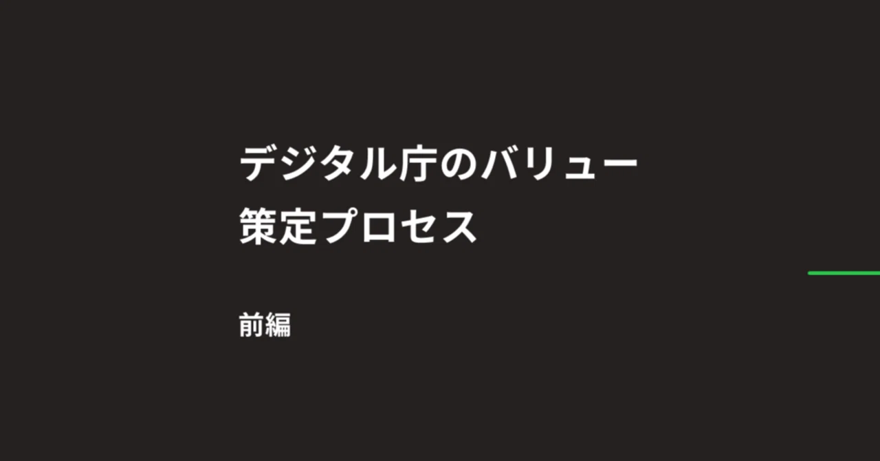 黒い背景のプレゼンテーションスライドのスクリーンショット。「デジタル庁のバリュー策定プロセス」および「前編」と書かれている。