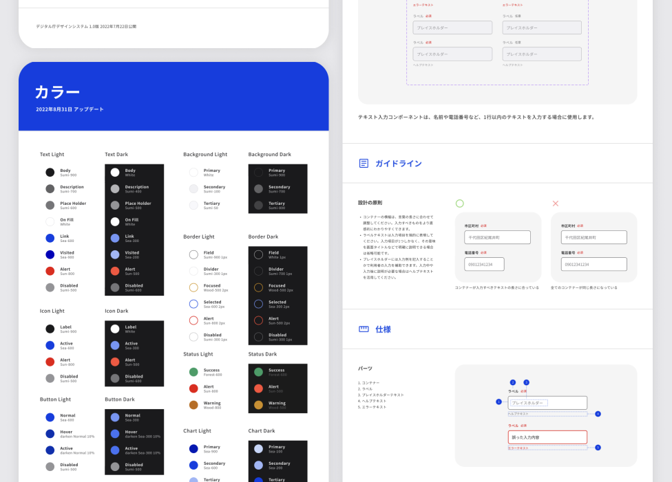 デザインシステムの一部のスクリーンショット、カラーパレット、UIコンポーネントのガイドラインと仕様について記載されている。