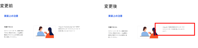 「実装上の注意」のキャプション修正を紹介している。変更箇所が赤枠で囲まれている。