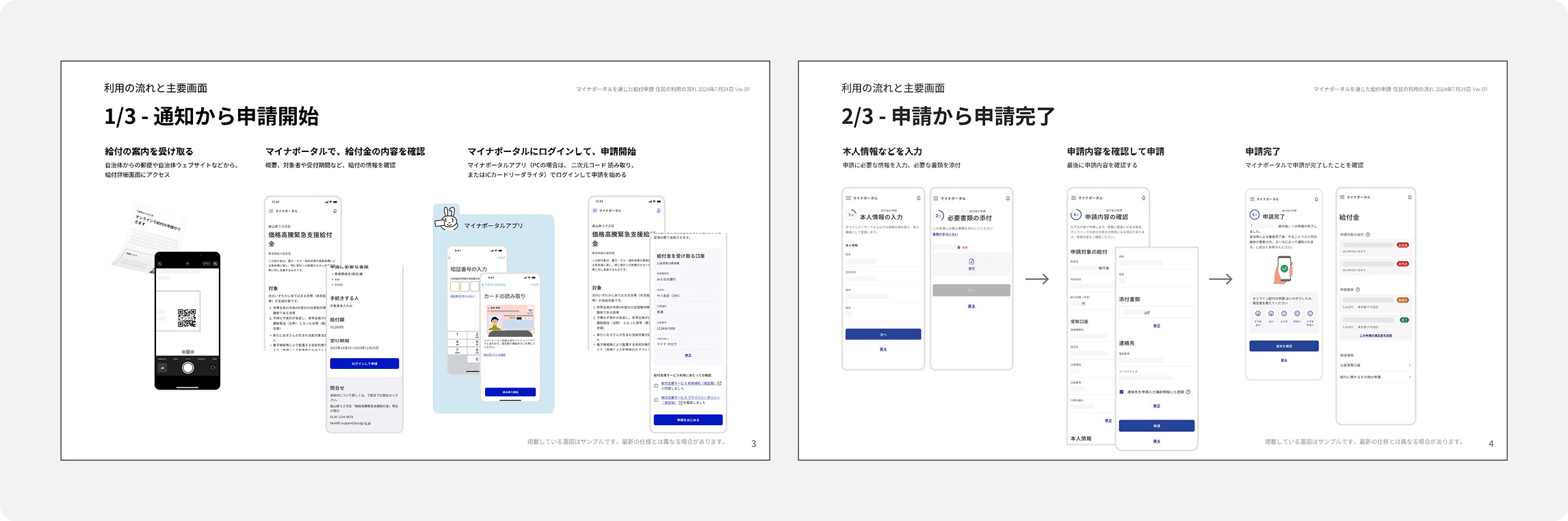 住民向けサービス利用マニュアルにおける、通知から申請開始までのページと申請から申請完了までのページ。サービスのキャプチャを多用して手順ごとに説明している。