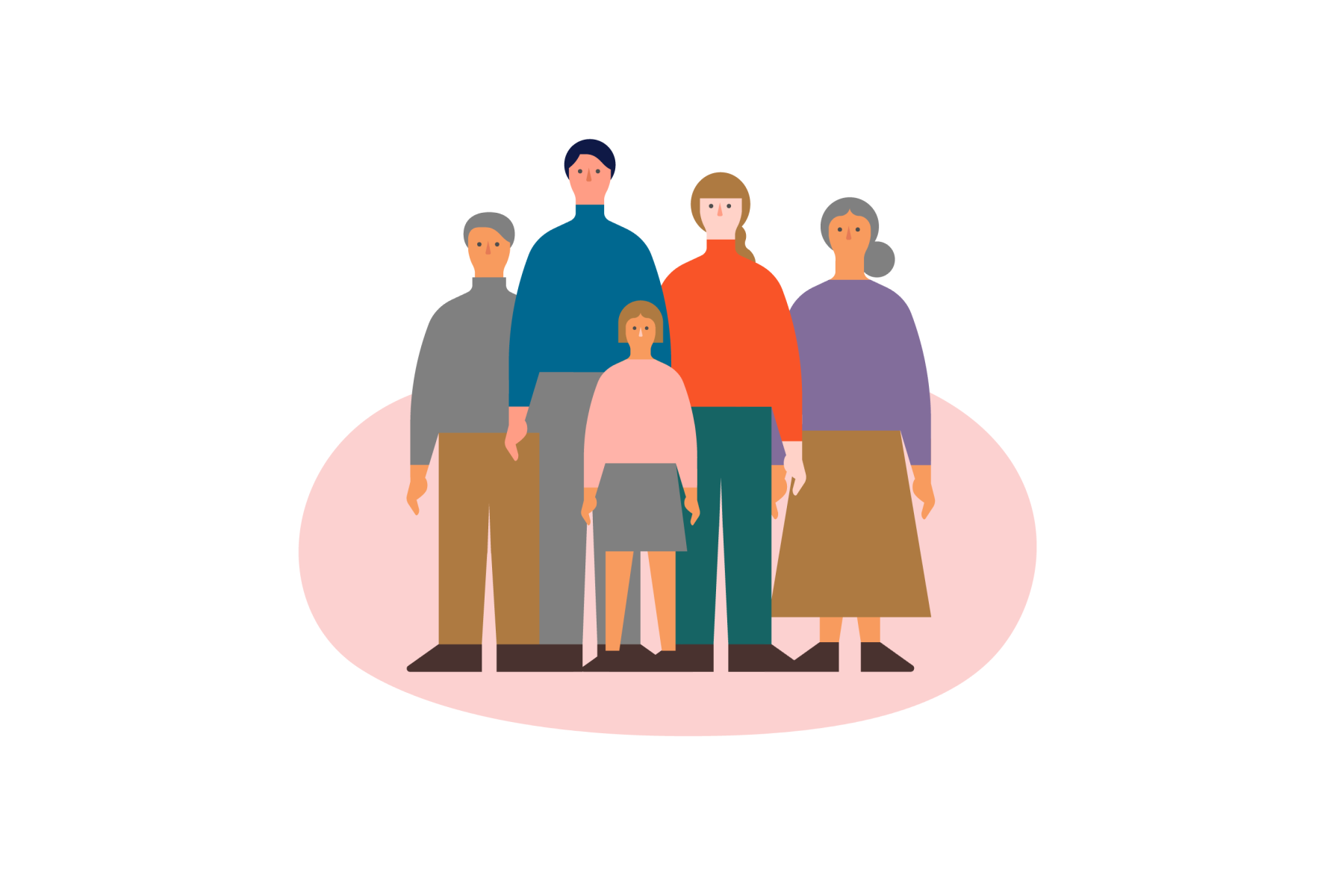 5人の老若男女が正面を向いて立っているイラスト。
