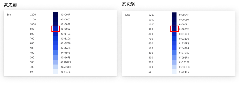 プリミティブカラーのSeaのカラーチャートの変更前と変更後のスクリーンキャプチャ