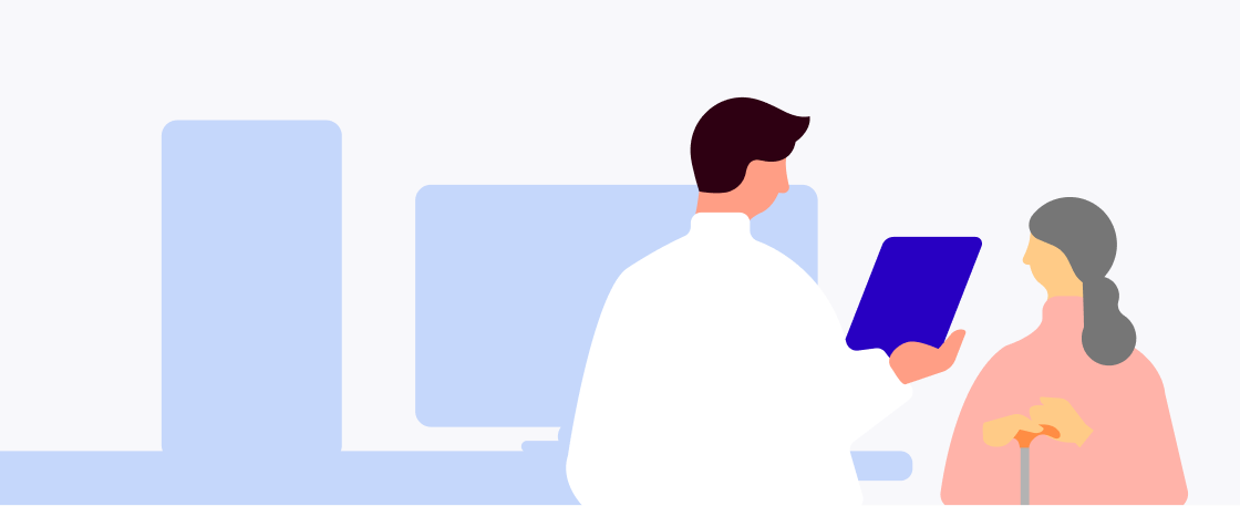 An illustration showing a doctor in a white lab coat holding medical records and examining a gray-haired woman with a cane. 