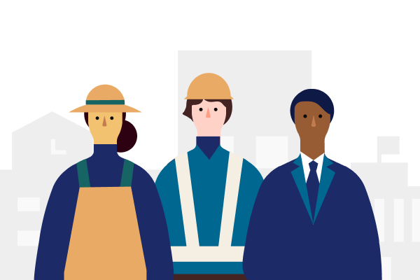 民間のさまざまな職種の人々をモチーフに表示しているイラスト。左から麦わら帽子をかった農家、中央にヘルメットを被った作業員、右にスーツを着た会社員