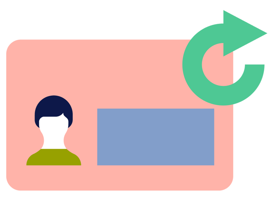 マイナンバーカードと電子証明書の更新を示すイラスト。カードのイラストの右上に、更新を意味する回転矢印が描かれている