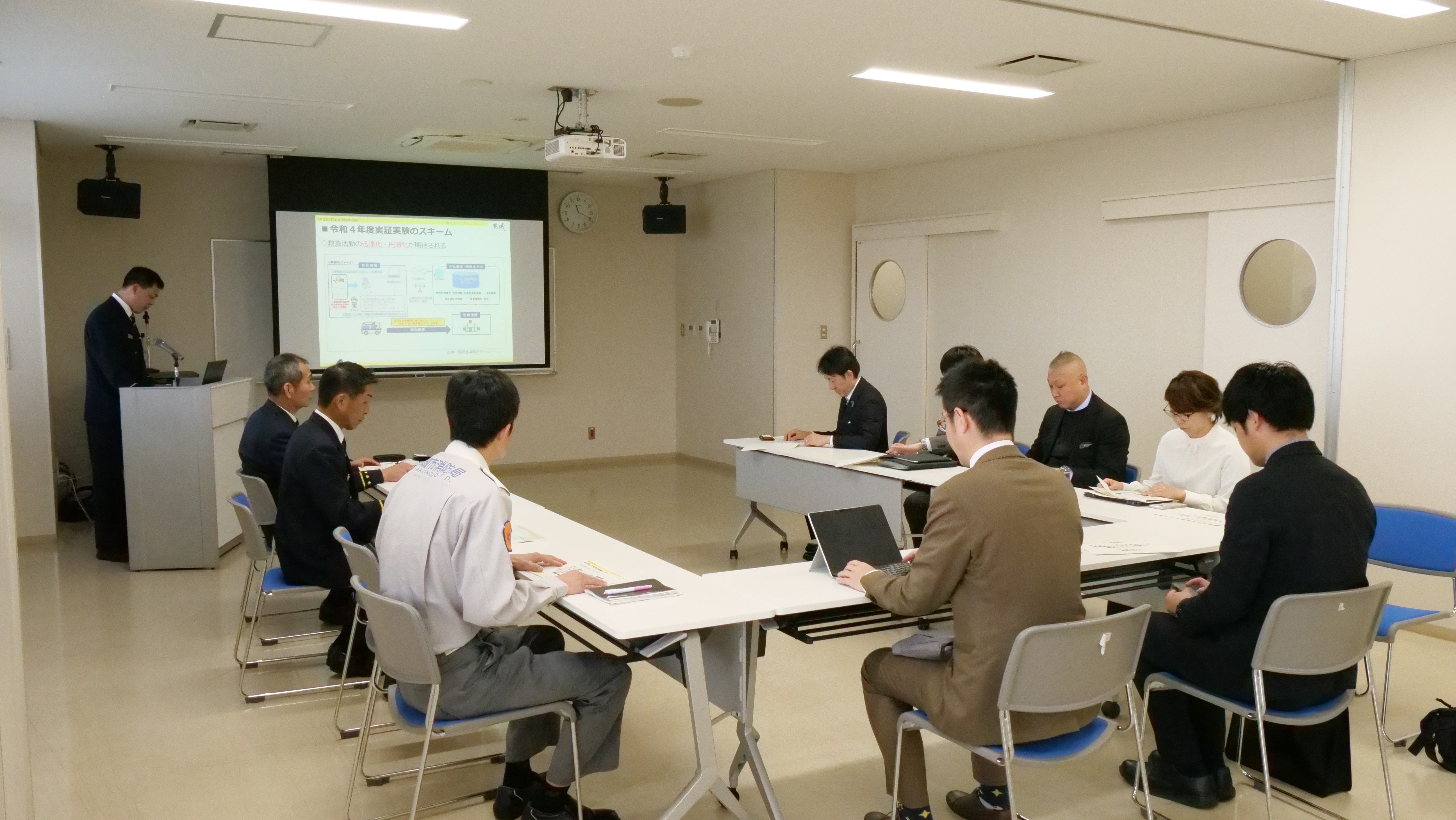 A meeting inside the Fujisawa Kita Fire Station.