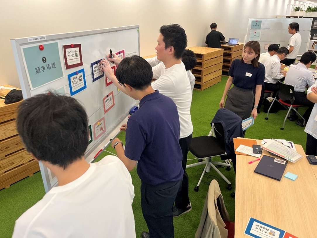 参加者がディスカッションで出た内容を整理し、カードにしてホワイトボードに貼り付けている写真