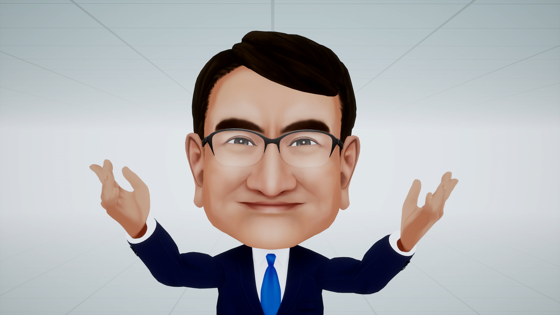 Bust shot of Minister Kono's digital avatar, wearing a suit and a large, deformed face, with a slight smile on his face.