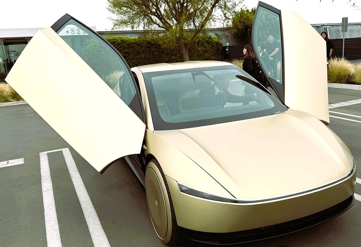 ドアを開けた自動運転車を斜め前方から見た様子