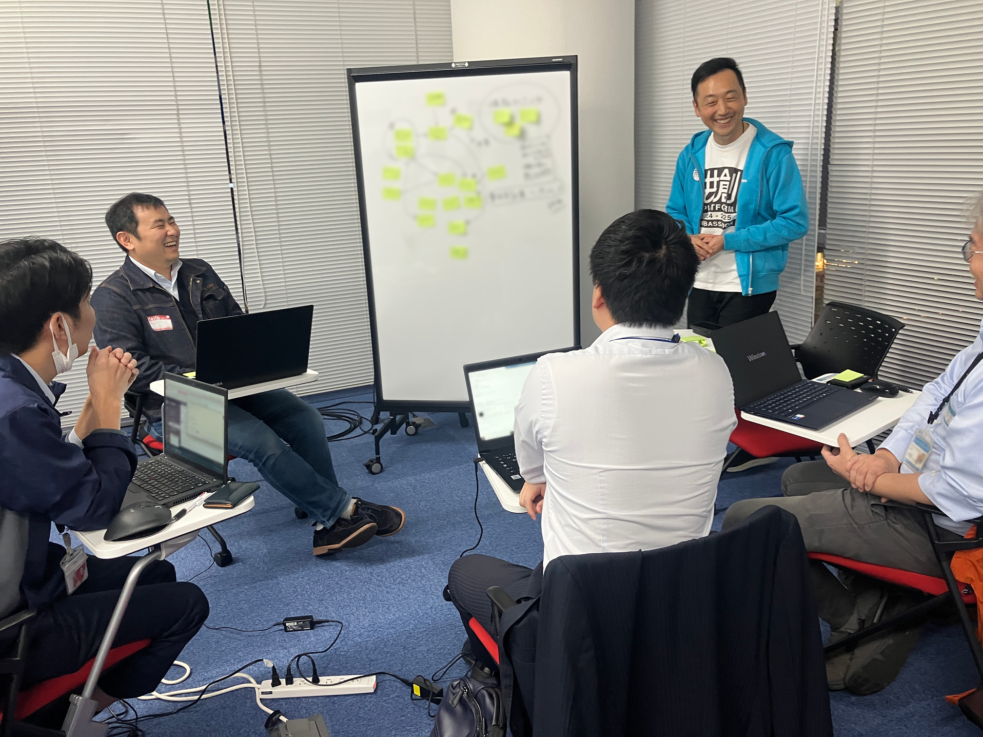 ホワイトボードに向かって4名が椅子に座っており、ホワイトボードの隣に1名が立っている。椅子に座っている4名はパソコンを開いており、5名が笑顔で話し合っている様子。