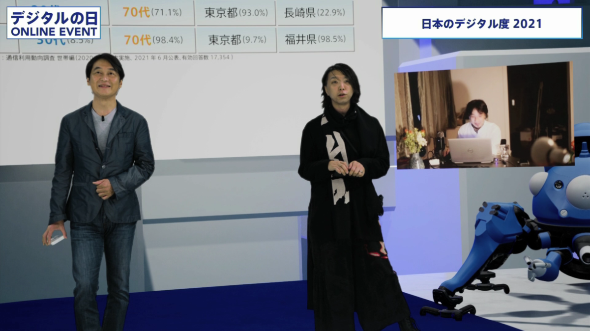 夏野剛さんと落合陽一さんが並んで立っている。その右側にリモートで参加している西村博之さんの映像が映っている。