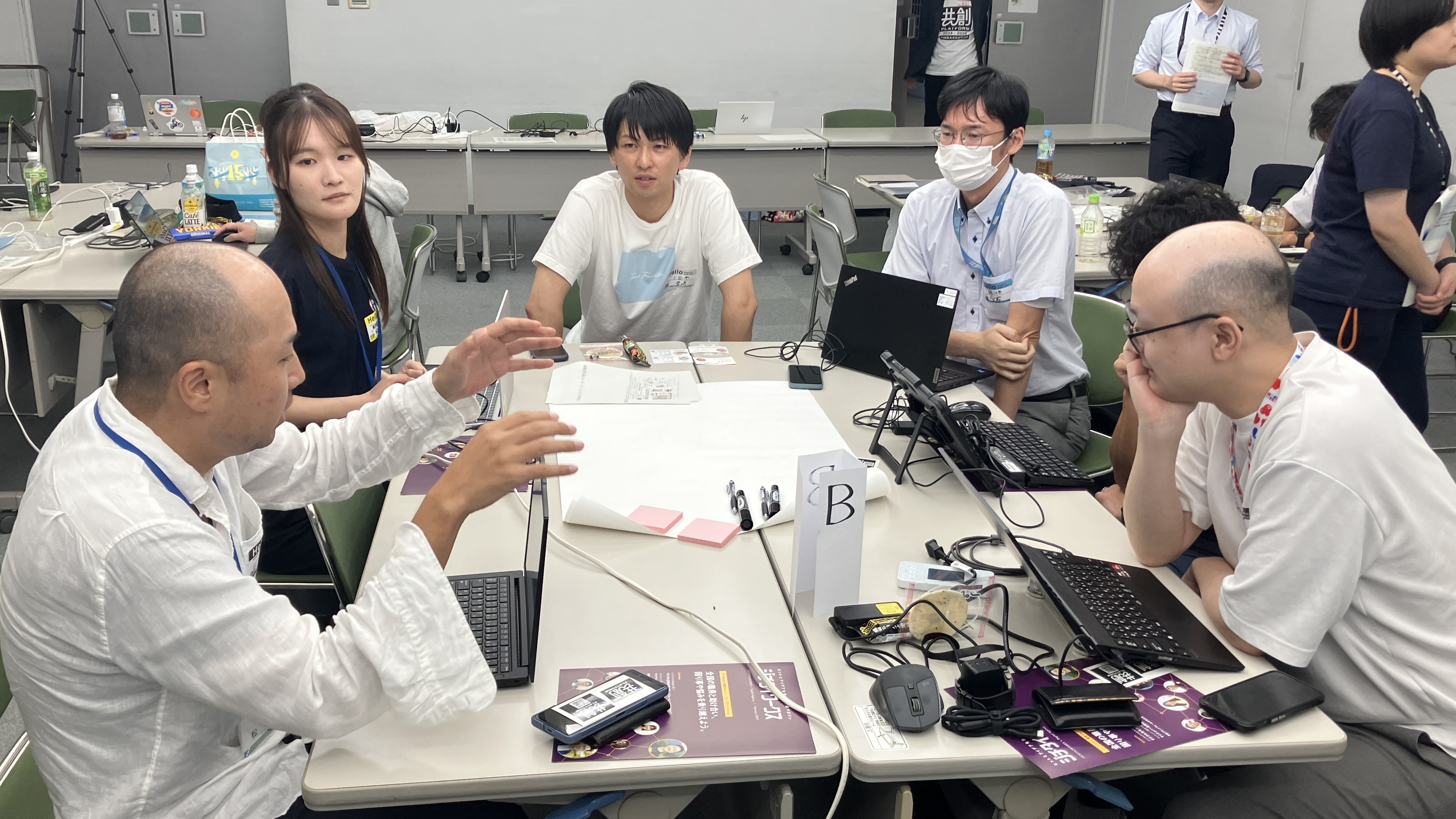 The photo shows six people sitting at desks facing each other. In the center of the desk is a piece of imitation paper and a tag with B written on it. Several people have their PCs open and the six people are talking.