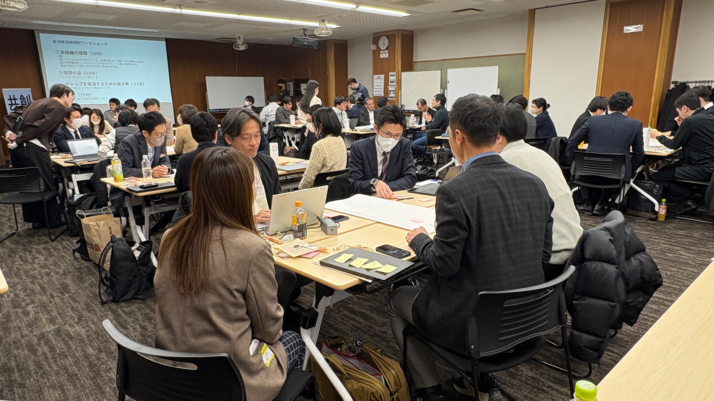 会場全体が写ったワークショップの写真。複数机が並んでおり、一つの机に5名程度ずつ向かい合って着席している。