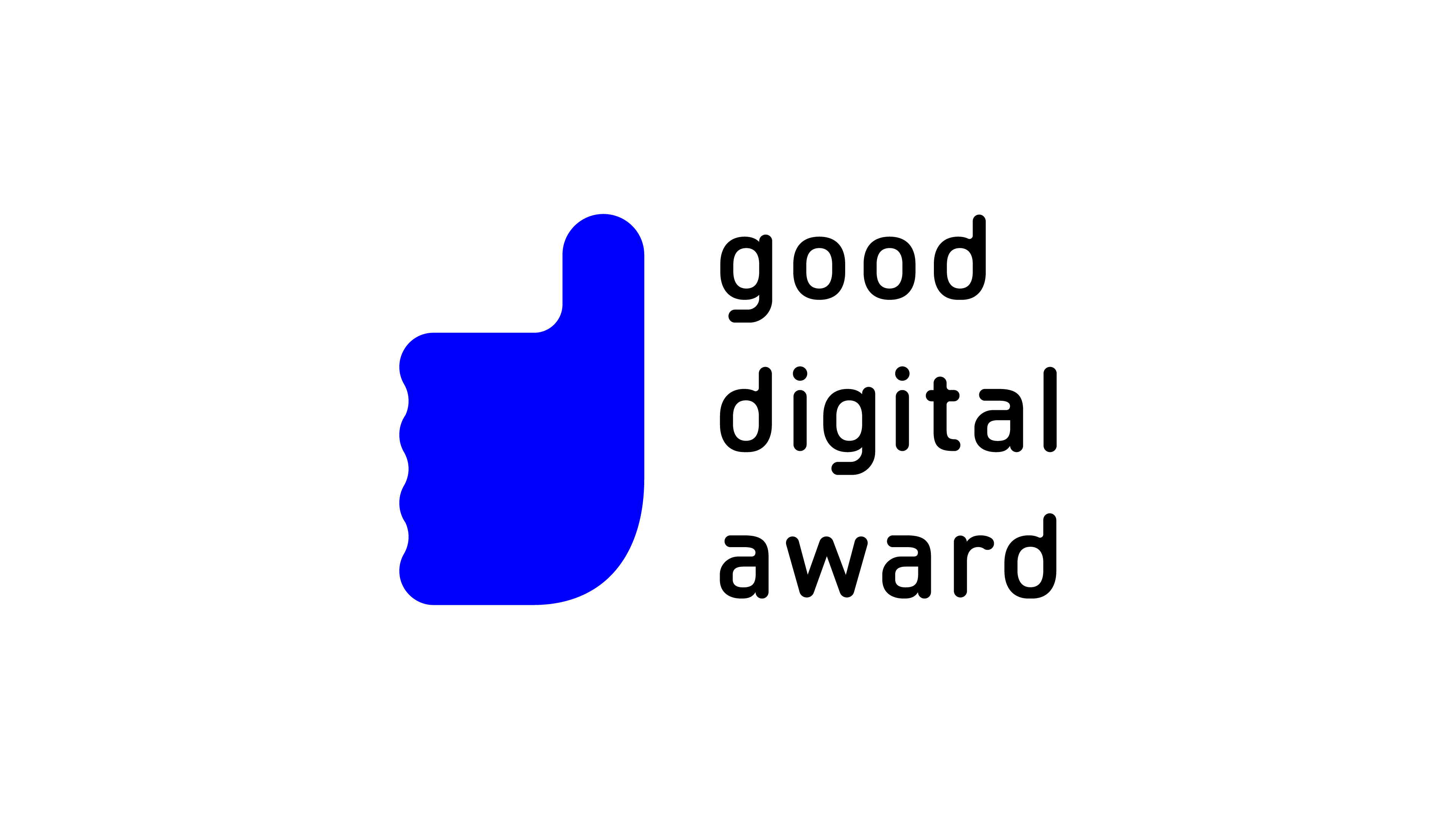 good digital awardのロゴマーク。右側にテキスト、左側に親指を抽象化したマークがある。テキストはgood digital awardが単語ごとに改行されて3行になった状態で配置されている。マークは親指を立てた右手をシンプルに抽象化したシルエットが鮮やかな紺色1色で着色されている。
