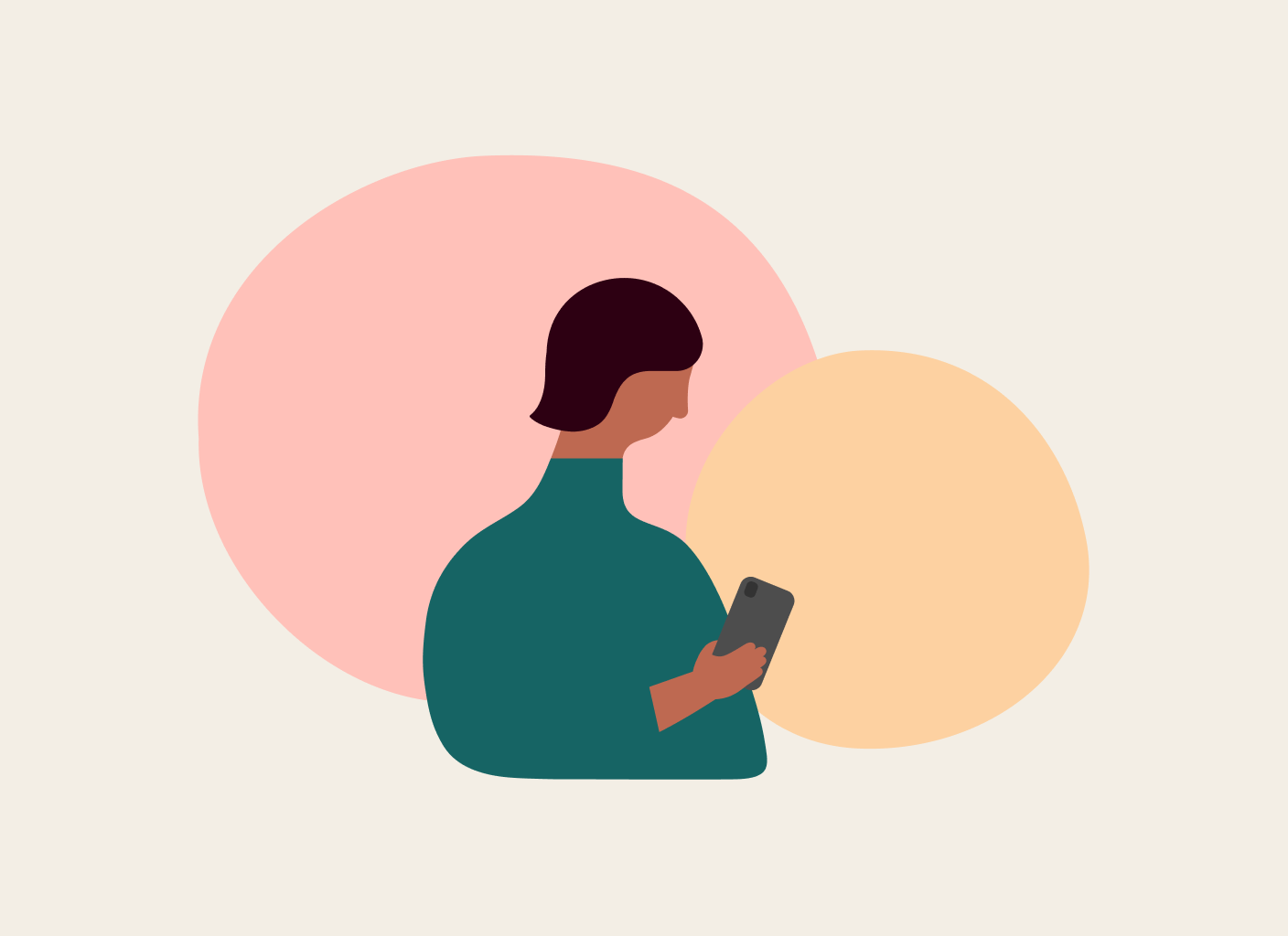An illustration of a woman dressed in green holding a smartphone in her right hand, with pink and beige circles mingling in the background.