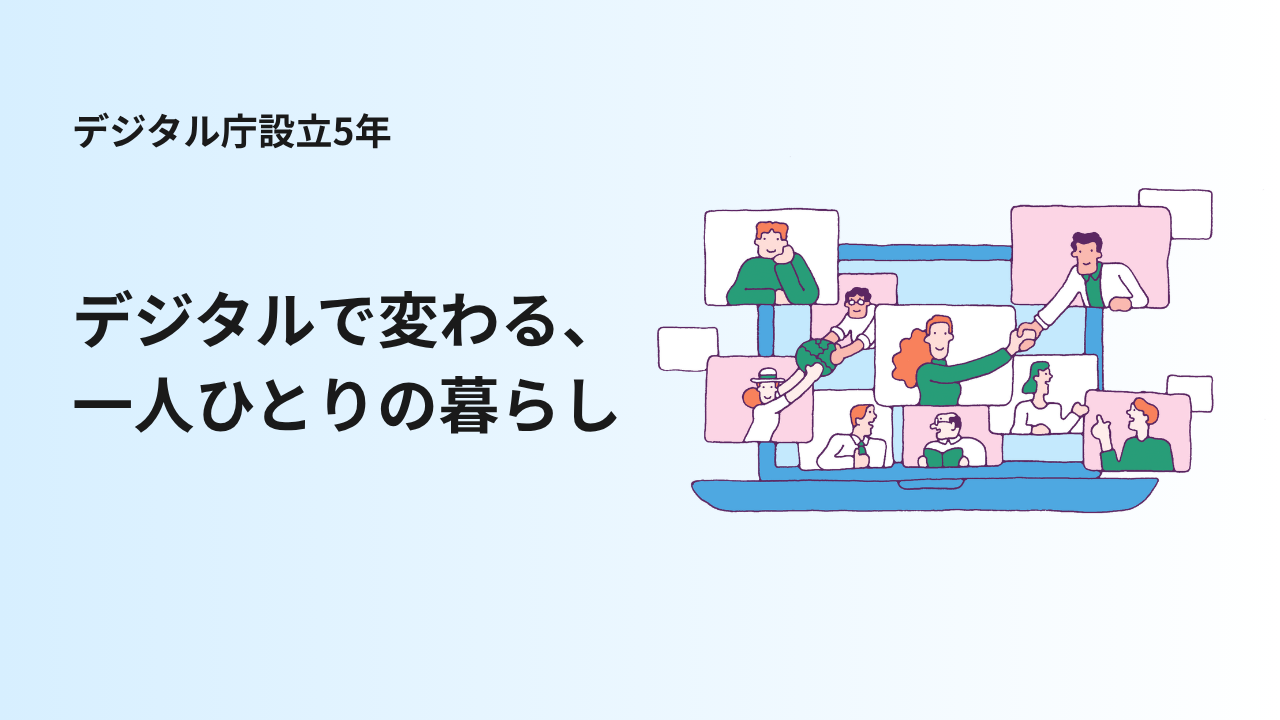 「デジタル庁設立5年 デジタルで変わる、一人ひとりの暮らし」と書かれたテキストの横にPCが置かれたイラストが描かれている