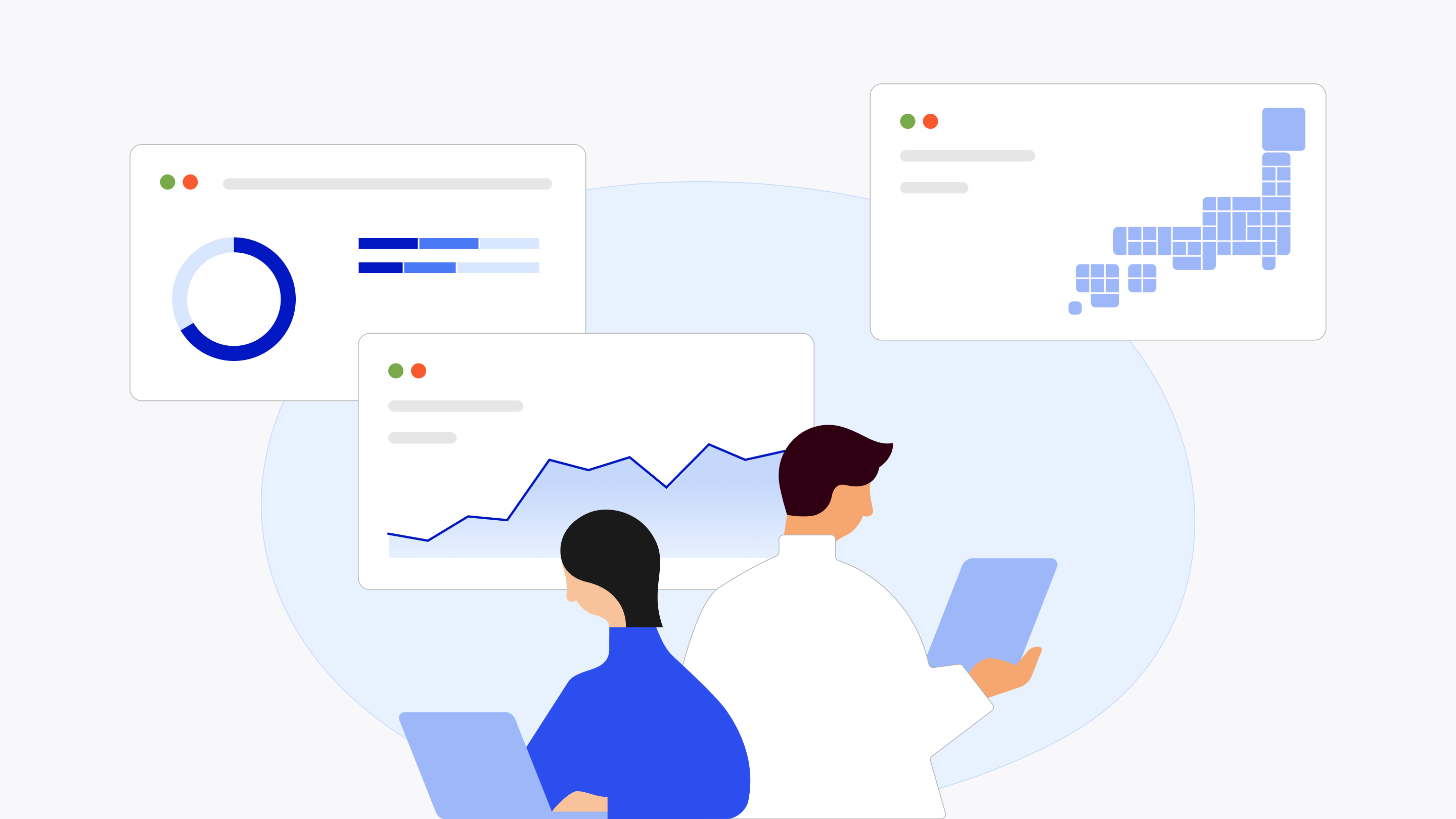 青い服を着た女性がパソコンを見ており、白い服を着た男性がタブレットを持っている様子を表したイラスト。