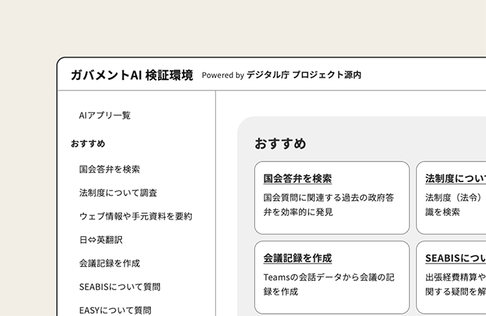 生成AI検証環境「源内」のトップ画面。左側ナビゲーションに国会答弁検索・法制度調査・翻訳・会議記録作成などのAIアプリ一覧、右側におすすめ機能のカードグリッドが表示されている。